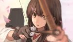  1girl akagi_(kantai_collection) arrow blurry bow_(weapon) brown_eyes brown_hair gloves japanese_clothes kantai_collection long_hair looking_at_viewer personification petals solo weapon xiao_qiang_(overseas) 