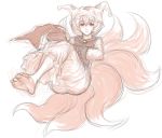  1girl barefoot dress fox_tail hands_in_sleeves hat hat_with_ears highres kuro_suto_sukii long_sleeves looking_at_viewer multiple_tails rough simple_background sitting smile solo tabard tail touhou white_background yakumo_ran 