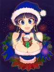  1boy 1girl bare_shoulders blue_eyes blush breasts bust choker christmas cleavage earrings earth elbow_gloves gloves hat jewelry kagami_no_machi_no_kaguya kaguya_(kagami_no_machi_no_kaguya) kusanagi_tonbo large_breasts leaf long_hair miniboy open_mouth original purple_hair santa_costume santa_hat smile 