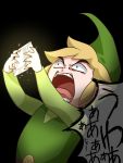  1boy black_background blonde_hair hat holding link open_mouth pointy_ears rupee short_hair shouting simple_background solo speech_bubble the_legend_of_zelda toon_link translated tunic wasabi_(legemd) 