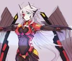 1girl ahoge arm_blade armor black_sclera blazblue bodysuit breasts crotch_plate forehead_protector genderswap green_eyes heterochromia long_hair outstretched_arms ragna_the_bloodedge red_eyes silver_hair spread_arms sword tomorag7 weapon 