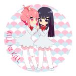  2girls black_eyes black_hair bow copyright_name dress holding_hands jakuzure_nonon kill_la_kill kiryuuin_satsuki long_hair multiple_girls pink_eyes pink_hair sako school_uniform short_hair smile 