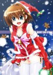  1girl :d bare_shoulders bell blue_eyes blush bow box breasts brown_hair christmas christmas_tree cleavage dasuto elbow_gloves fingerless_gloves garter_straps gift gift_box gingerbread_man gloves hair_ornament hat lyrical_nanoha mahou_shoujo_lyrical_nanoha_strikers open_mouth sack santa_costume santa_hat short_hair smile snowing solo thighhighs white_legwear yagami_hayate 