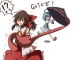  !? 2girls ascot blue_hair bow brown_eyes brown_hair caught detached_sleeves dress geta hair_bow hair_tubes hakurei_reimu heterochromia juliet_sleeves karakasa_obake kumo_(atm) long_sleeves long_tongue multiple_girls open_mouth puffy_sleeves red_dress shirt simple_background skirt skirt_set smile surprised tatara_kogasa tongue touhou umbrella vest white_background wide_sleeves 