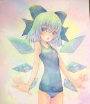  1girl acrylic_paint_(medium) blue_eyes blue_hair bow cirno graphite_(medium) hair_bow highres ice ice_wings one-piece_swimsuit open_mouth school_swimsuit short_hair solo swimsuit touhou traditional_media watercolor_(medium) wings yuyu_(00365676) 
