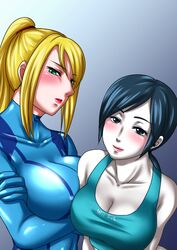  2girls black_eyes black_hair blonde_hair blush bodysuit breasts cleavage collarbone crossed_arms green_eyes highres hyoukai large_breasts lips lipstick looking_at_viewer makeup metroid multiple_girls nintendo pale_skin ponytail samus_aran super_smash_bros. tank_top white_skin wii_fit wii_fit_trainer zero_suit 