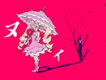  1girl blonde_hair boots bow dondonco dress eyepatch frills hair_bow harime_nui kill_la_kill long_hair parasol scissor_blade smile solo spoilers twintails umbrella 