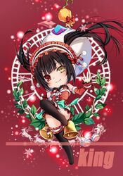  1girl artist_name bell black_hair black_legwear censored chibi christmas clock_eyed convenient_censoring convenient_leg date_a_live heterochromia jingle_bell kingchenxi long_hair panties red_eyes reindeer santa_costume smile solo thigh-highs tokisaki_kurumi twintails underwear yellow_eyes 