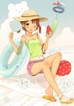  bandaid bandaid_on_knee belly_peek brown_hair clouds fan food fruit green_eyes hat innertube legs mizutamako navel original paper_fan polka_dot sandals short_hair shorts straw_hat sweat tan tank_top tanline twintails uchiwa watermelon wind_chime wink 