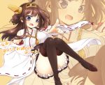  1girl ahoge bare_shoulders blue_eyes blush boots brown_hair detached_sleeves double_bun hair_ornament hairband hand_on_hip headgear highres japanese_clothes kantai_collection kongou_(kantai_collection) long_hair miko nobinonki nontraditional_miko open_mouth personification pointing skirt solo thigh_boots thighhighs 