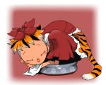  1girl black_hair blonde_hair closed_eyes commentary_request curled_up hair_ornament in_bowl in_container multicolored_hair onikobe_rin pun shirt skirt sleeping solo tail tiger_print tiger_tail toramaru_shou touhou two-tone_hair 