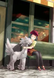  1girl bag bench blue_hair closed_eyes furfrou hair_ornament hairclip hand_on_head handbag hat jessica_(pokemon) leggings open_mouth pokemon pokemon_(anime) short_hair sitting skirt smile solo yakka 