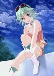  1girl bob_(biyonbiyon) boots clouds goggles green_eyes green_hair gumi highres knee_boots kneehighs looking_at_viewer short_hair sitting sky solo vocaloid 