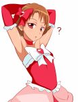  1girl ? arm_warmers bare_shoulders brown_hair choker detached_sleeves dress eyelashes gloves hair_ornament hair_ribbon heart jabara921 looking_at_viewer natsuki_rin precure red_dress red_eyes red_gloves ribbon short_hair simple_background sketch solo white_background yes!_precure_5 