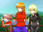  3girls alternate_costume blonde_hair breasts charlotte_e_yeager cosplay francie_gerard isosceles_triangle_(xyzxyzxyz) large_breasts looking_at_viewer marian_e_carl md5_mismatch multiple_girls orange_hair redhead smile strike_witches twintails 