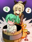  2girls blonde_hair blush bow bucket candle collarbone dress frown full-face_blush gradient gradient_background green_eyes green_hair hair_bow hair_bun hairdressing hatomizu_(issunya) high_collar in_bucket in_container japanese_clothes kimono kisume kneeling kurodani_yamame long_sleeves looking_at_another looking_at_viewer multiple_girls musical_note payot pinky_out purple_background shadow short_hair side_ponytail simple_background smile spoken_musical_note spoken_squiggle squiggle touhou violet_eyes 