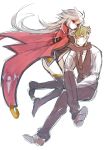  1boy 1girl between_breasts black_legwear blazblue breasts cape crossed_legs elbow_gloves fingerless_gloves genderswap gloves green_hair hand_on_another&#039;s_head hazama head_between_breasts long_hair navel necktie no_hat ragna_the_bloodedge red_eyes short_hair silver_hair sitting thigh-highs tomorag7 