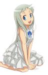  1girl ano_hi_mita_hana_no_namae_wo_bokutachi_wa_mada_shiranai blue_eyes dress honma_meiko long_hair mikan_usagi open_mouth silver_hair sitting smile solo wariza 