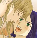  2girls close-up closed_eyes embarrassed eyelashes fujino_shizuru green_eyes hand_on_head hand_on_own_head kuga_natsuki lowres mico3 multiple_girls my-hime nervous open_mouth parted_lips shouting sweatdrop yuri 