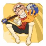  1girl bass_guitar boots flcl gloves goggles grin guitar highres instrument matsunome pink_hair scarf short_hair smile solo yellow_eyes 