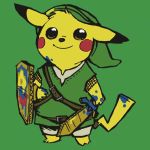  cardboard cosplay green_background hat link link_(cosplay) nintendo no_humans pikachu pokemon pokemon_(creature) shield smile sword tail the_legend_of_zelda weapon 