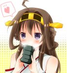  1girl ahoge brown_hair cup detached_sleeves hairband heart japanese_clothes kantai_collection kongou_(kantai_collection) long_hair nontraditional_miko personification purple_hair smile solo sr_soba teacup 