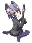  1girl blush child evandragon eyepatch gloves headgear kantai_collection long_sleeves open_mouth personification purple_hair short_hair sitting skirt solo tenryuu_(kantai_collection) thighhighs yellow_eyes 