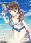  1girl beach bikini blush braid breasts brown_hair clouds denim denim_shorts fujita_hidetoshi hoodie long_hair navel ocean original shorts sky smile solo swimsuit twin_braids unbuttoned unzipped water_gun 