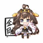  1girl ahoge bare_shoulders blush brown_hair chibi detached_sleeves double_bun hair_ornament hairband headgear japanese_clothes kantai_collection kongou_(kantai_collection) long_hair miko mocha_(naturefour) nontraditional_miko open_mouth personification skirt smile solo thighhighs violet_eyes 