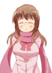  1girl agenasu blush breast_squeeze breasts brown_hair closed_eyes facing_viewer glasses large_breasts long_hair matsumi_yuu saki scarf simple_background solo v_arms white_background 