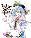  1girl :3 blue_hair colored_pencil_(medium) dress engrish eyelashes food fruit goku_(acoloredpencil) hat heart highres hinanawi_tenshi looking_at_viewer open_mouth peach pointing ranguage red_eyes simple_background solo touhou traditional_media white_background wink 