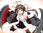  1girl ahoge bare_shoulders blush brown_hair detached_sleeves double_bun gin&#039;ichi_(akacia) hair_ornament hairband headgear japanese_clothes kantai_collection kongou_(kantai_collection) long_hair miko nontraditional_miko open_mouth personification petals pink_background skirt solo thighhighs 