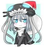  1girl :3 bag blue_eyes bodysuit cape chibi gloves hat iriomote_umineko kantai_collection looking_at_viewer monster pantyhose personification santa_hat shinkaisei-kan silver_hair solo turret wo-class_aircraft_carrier 