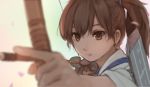  1girl arrow blurry bow_(weapon) brown_eyes brown_hair kaga_(kantai_collection) kantai_collection long_hair looking_at_viewer personification ponytail solo weapon xiao_qiang_(overseas) 