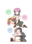  3girls :d all_fours bike_shorts black_hair blue_eyes bow brown_hair chair closed_eyes dual_wielding e20 gloves grey_legwear hair_bow hair_ornament hair_ribbon hairclip kagerou_(kantai_collection) kantai_collection kill_me_baby kuroshio_(kantai_collection) loafers multiple_girls open_mouth parody personification pink_hair ponytail ribbon school_uniform shiranui_(kantai_collection) shoes short_hair shorts_under_skirt sitting sitting_on_person skirt smile socks stretch twintails vest violet_eyes 