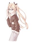  1girl adjusting_hair bespectacled blonde_hair blue_eyes casual dead_or_alive_5 formless_god glasses hair_ribbon hand_in_pocket hoodie long_hair marie_rose ribbon smile solo twintails 