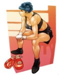  1girl bandages blue_eyes blue_hair boxer boxing_gloves braid breasts cleavage highres muscle original shoes short_hair shorts sitting solo sports_bra vigwer 