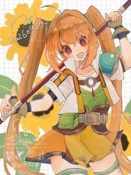  1girl :d ahoge armor artist_name belt black_trim brown_belt brown_gloves brown_hair commentary_request cropped_jacket dated double-parted_bangs eiyuu_densetsu estelle_bright fingerless_gloves floating_hair gem gloves grid_background hair_between_eyes hair_intakes han_(hn-khk) head_tilt highres holding holding_behind_back holding_staff holding_weapon holding_weapon_behind_back jacket jewelry leather leather_belt leather_gloves long_hair open_clothes open_jacket open_mouth orange_skirt pauldrons pelvic_curtain pendant red_eyes red_gem short_sleeves shoulder_armor signature single_pauldron skirt smile solo sora_no_kiseki sora_no_kiseki_sc staff teardrop-shaped_gem twintails twitter_username underbust upper_body very_long_hair watermark weapon 