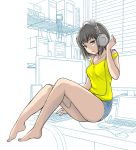  bare_legs barefoot black_hair blinds blue_eyes computer computer_keyboard computer_mouse headphones jewelry laptop monitor necklace original partially_colored shelf short_hair short_shorts shorts tank_top ubizo 