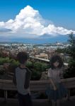  1boy 1girl bandaid black_eyes black_hair building city cityscape clouds cloudy_sky drink hanno highres holding landscape looking_away road school_uniform short_hair skirt sky train tree 