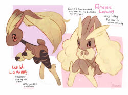  2others animal_ears artist_name black_fur body_fur brown_fur character_name claws colored_sclera commentary diagram doekis english_commentary english_text from_side furry furry_female hiphighs lopunny mega_lopunny multiple_others no_humans pointing_out_the_details pokemon pokemon_(creature) pokemon_focus red_sclera sitting standing torn_clothes torn_hiphighs two-tone_fur yellow_fur 