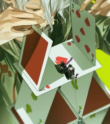  3boys absurdres ace_(playing_card) ace_of_clubs ace_of_spades bandaged_arm bandaged_hand bandages black_coat black_hair black_pants black_shoes blue_pants brown_sandals card closed_mouth club_(shape) coat collared_coat danganronpa_(series) danganronpa_2:_goodbye_despair downturned_eyes earrings eyelashes fingernails forehead frown green_background green_jacket grey_eyes grey_hair hair_between_eyes hair_over_one_eye half-closed_eyes heterochromia high_collar highres holding holding_string hood hood_down hooded_jacket house_of_cards jacket jewelry komaeda_nagito long_hair_between_eyes long_sleeves looking_ahead looking_at_another lying messy_hair mini_person miniboy multicolored_hair multiple_boys nidai_nekomaru on_stomach open_clothes open_coat open_jacket pale_skin pants playing_card pointy_nose purple_scarf red_eyes sad saman_zero7 sandals scar scar_across_eye scar_on_face scarf shirt shoes short_hair sideburns simple_background single_earring size_difference sleeve_cuffs spade_(shape) sphere_earrings spoilers streaked_hair string suit_pants tanaka_gundham two-tone_hair very_short_hair white_hair white_shirt 