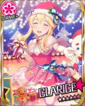  1girl artist_request blonde_hair character_name clarice_(idolmaster) closed_eyes flower_(symbol) gloves hat idolmaster idolmaster_cinderella_girls microphone official_art santa_hat 