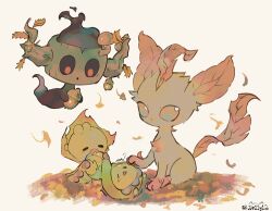  acorn artist_name autumn autumn_leaves budew commentary_request grass_type_theme_(pokemon) highres jari_(jje11y12) leaf leafeon nibbling no_humans phantump pokemon pokemon_(creature) pokemon_focus sewaddle shaking 