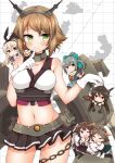  6+girls bare_shoulders black_hair breasts brown_hair chain chibi detached_sleeves elbow_gloves gloves green_eyes hairband headgear hiei_(kantai_collection) japanese_clothes kantai_collection kongou_(kantai_collection) long_hair map multiple_girls mutsu_(kantai_collection) nagato_(kantai_collection) open_mouth personification ponytail red_eyes school_uniform shimakaze_(kantai_collection) short_hair tsukudani_norio yuubari_(kantai_collection) 