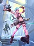  absurdres ammunition_belt aqua_hair beltbra bikini_top black_cat blue_eyes boots braid bullet cat crusader_kevin dual_wielding fingerless_gloves flat_chest freckles garters gloves gun handgun highres jinx_(league_of_legends) league_of_legends lips long_hair low-tied_long_hair minigun mismatched_gloves mismatched_legwear multiple_belts revolver shorts single_braid tattoo thigh-highs very_long_hair weapon 