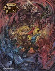  absurdres beard carmilla_(castlevania) castlevania:_belmont's_curse castlevania_(series) chain_whip copyright_name death_(castlevania) facial_hair fighting_stance highres joan_of_arc_(castlevania) monster official_art promotional_art rose_belmont scythe shaded_face skull terada_katsuya third-party_source trevor_c._belmont whip 