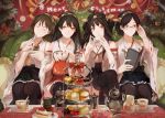  4girls bare_shoulders black_hair black_legwear blue_eyes blush book breasts brown_eyes brown_hair cake christmas christmas_tree closed_eyes couch cup detached_sleeves double_bun eating food hair_ornament hairband haruna_(kantai_collection) headgear hiei_(kantai_collection) japanese_clothes kantai_collection kirishima_(kantai_collection) kongou_(kantai_collection) long_hair multiple_girls nineo nontraditional_miko pantyhose pastry personification plaid short_hair sitting skirt smile table teacup teapot thighhighs violet_eyes 
