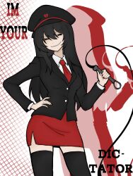  1girl breasts english_text hand_on_own_hip hat highres holding holding_whip medium_breasts necktie original red_skirt skirt slavcorpz solo tagme thigh-highs whip yuka_(slavcorpz) 