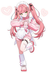 1girl absurdres apron aqua_shirt bandaid bandaid_on_cheek bandaid_on_face black_ribbon blunt_bangs blush character_charm charm_(object) closed_mouth commentary_request frilled_apron frills full_body green_eyes hair_intakes hair_ornament hair_ribbon hairclip hanako_nana heart heart_hands heart_o-ring highres jacket jersey_maid korean_commentary leg_up leg_warmers long_hair long_sleeves maid maid_apron maid_headdress multicolored_hair o-ring o-ring_thigh_strap parallel_hairclips peto_(hanako_nana) pink_hair pink_jacket pink_shirt pink_streaks ribbon saho_4545 shirt shoes simple_background sneakers solo standing standing_on_one_leg stellive straight_hair streaked_hair thigh_strap track_jacket twintails unconventional_maid very_long_hair virtual_youtuber white_apron white_background white_leg_warmers x_hair_ornament 